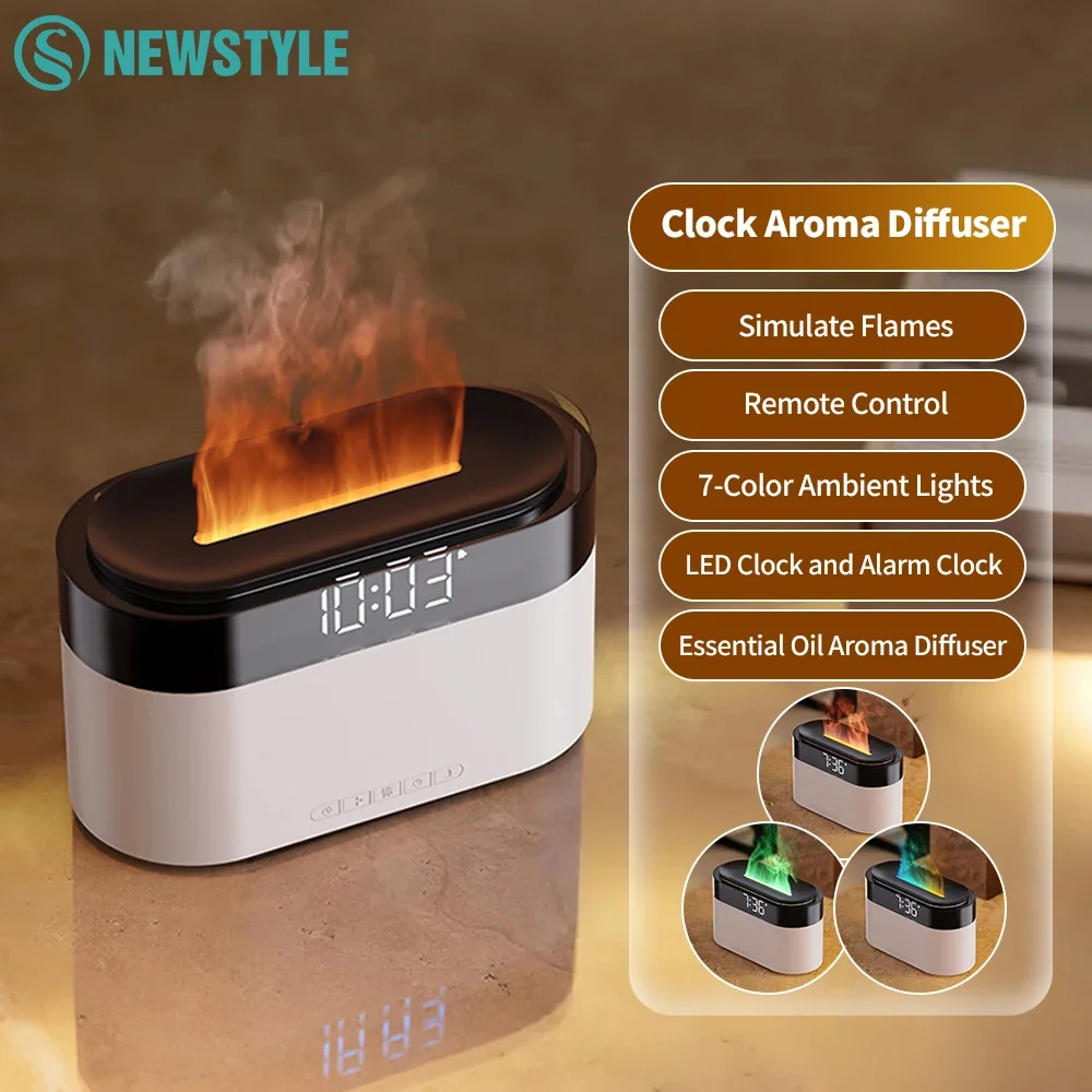 

LED Clock Colorful Night Light with Simulated Flame Humidifier and Remote Control Ultrasonic Essential Oil Aromatherapy Machine