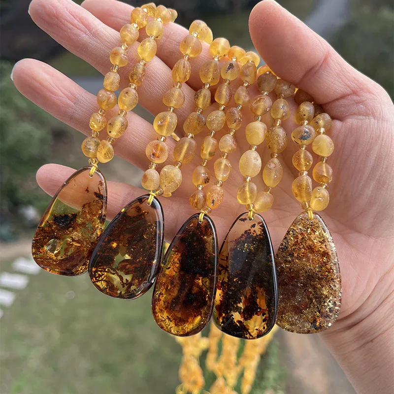 15 Colors Original Amber Necklaces New Natural Stone Genuine Beans Beads Drop Floral Pendant Women Trendy Unique Fine Jewelry