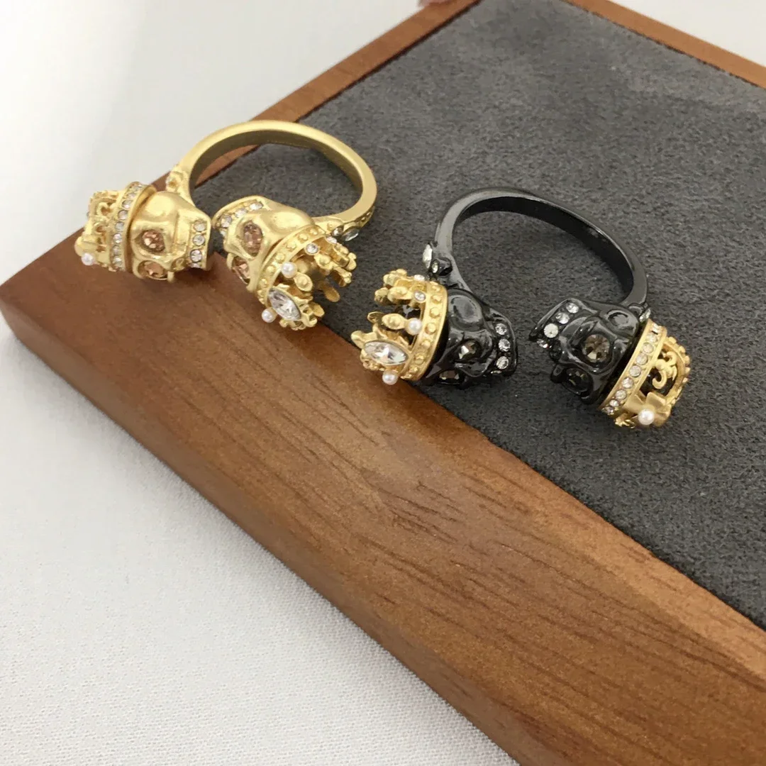 

Europe America Designer Gold Black Crystal Skull Open Ring Women Luxury Jewelry Boho Goth Trend