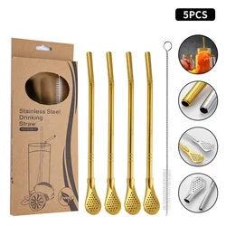 5Pcs Pack Straw Set Stainless Steel Non Toxic Food Grade Milk Tea Coffee Stirring Spoon Creative Juice Filter Straw