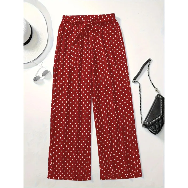 Plus Size 1XL-5XL สายรัดเอวแฟชั่นของผู้หญิงพร้อมกางเกงลําลองและสบายพิมพ์ลาย Polka Dot