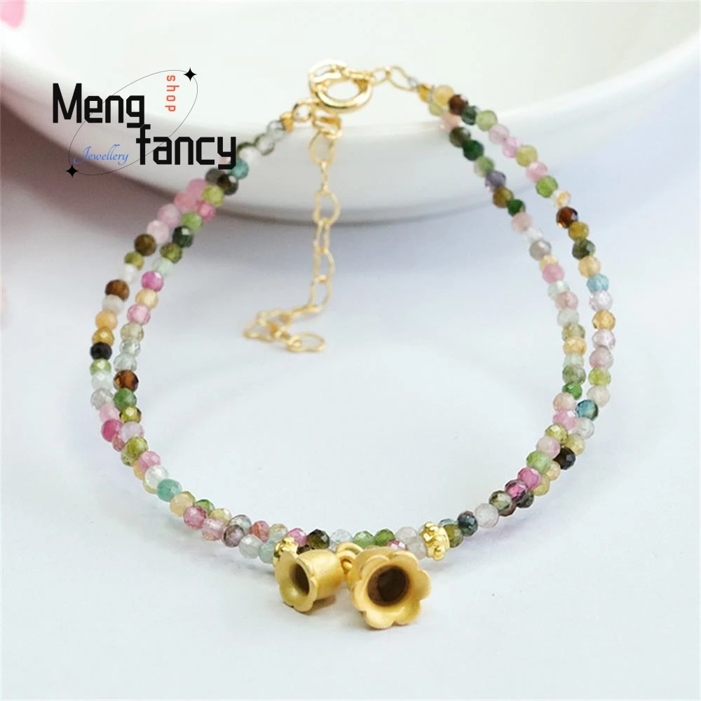 Natural Candy Tourmaline Exquisite Elegant Simple High-grade Bracelet Double Loop Colourful Treasure Bell Orchid Fashion Jewelry