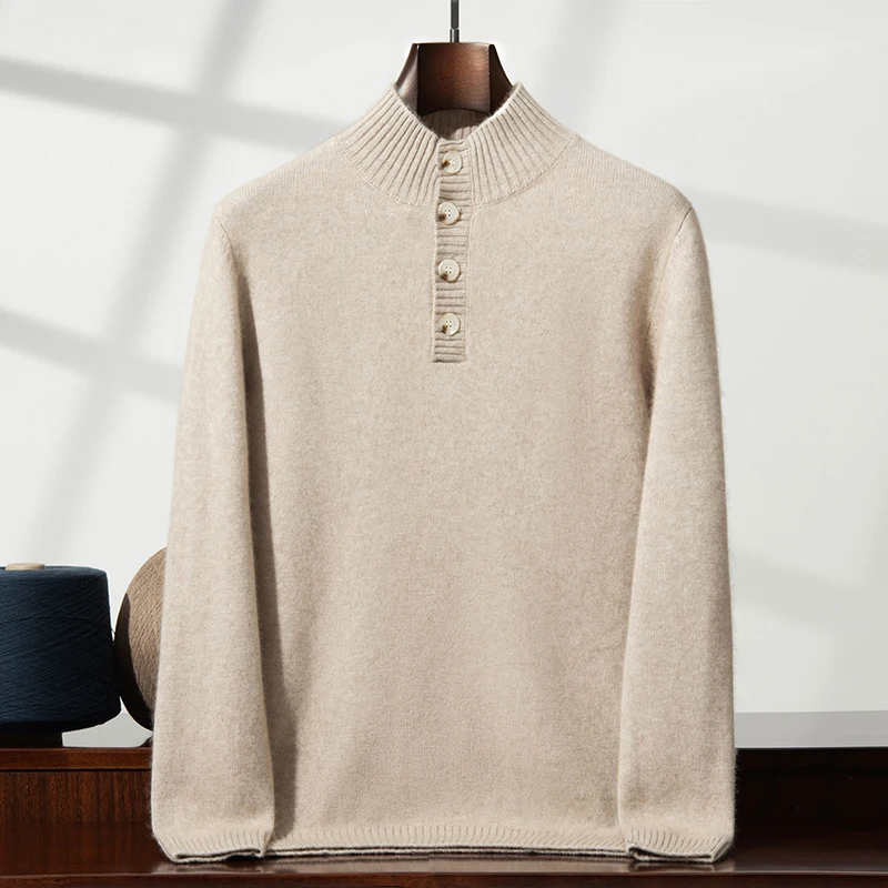 

Новый осенне-зимний утепленный мужской свитер из 100% кашемира с воротником-стойкой на пуговицах, повседневная базовая теплая вязаная кофта