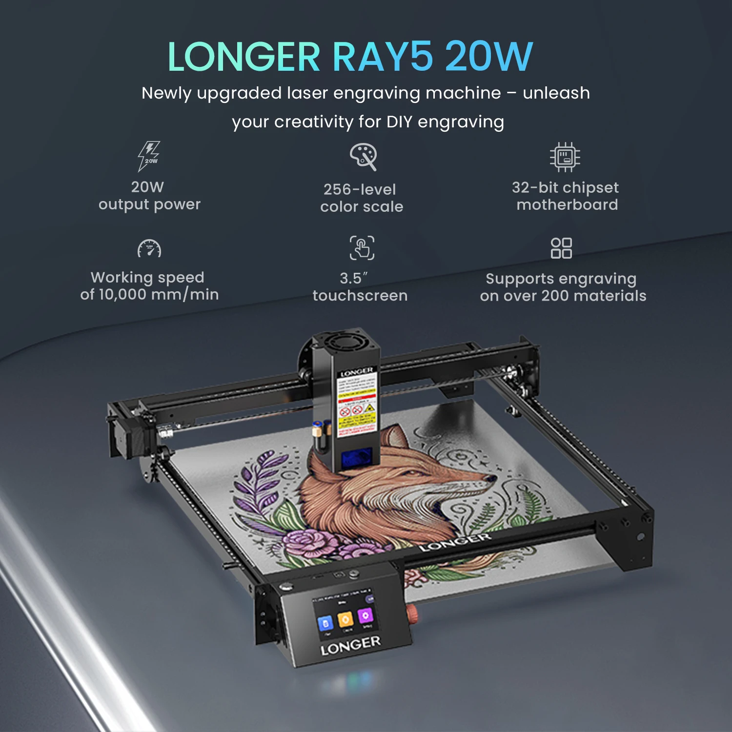 LONGER RAY5 20W Lasergravierer, 375 x 375 mm Arbeitsbereich, 0,08 x 0,1 mm Laserpunkt, WLAN, 32-Bit-Chipsatz, Touchscreen, Laserschneider für Holz, Acryl, Leder & Metall – Detail 1