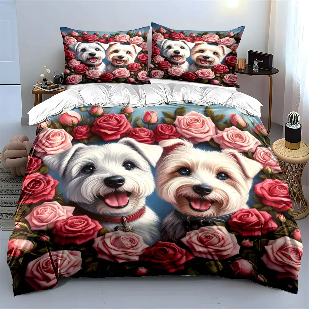 Adorable dogs framed by vibrant roses Print Duvet Cover Bedding Set Included 1*Duvet Cover 2*Pillowcases Luxury gifts