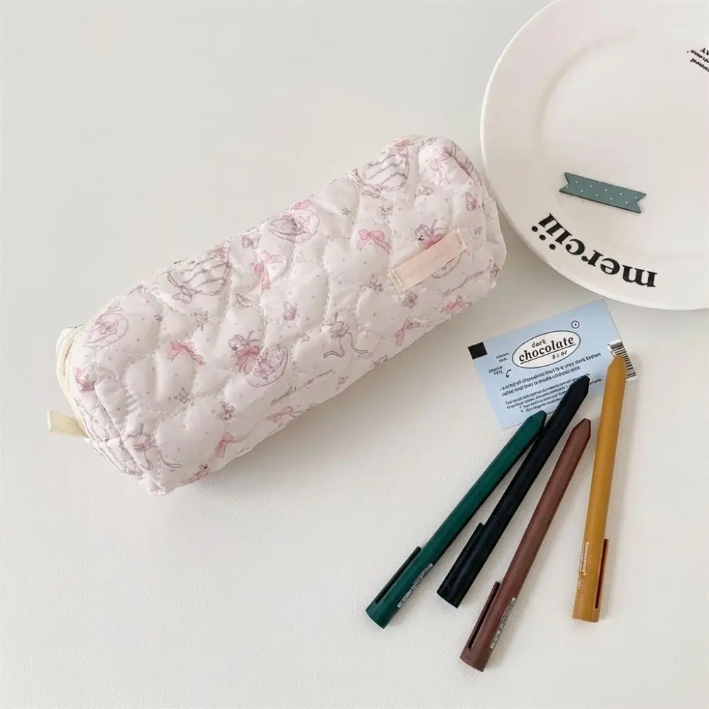 New Large Capacity Pink Swan Quilted Pencil Case Bow-knot Zipper Closure Pen Pouch Single Layer Stationery Box School Supplies