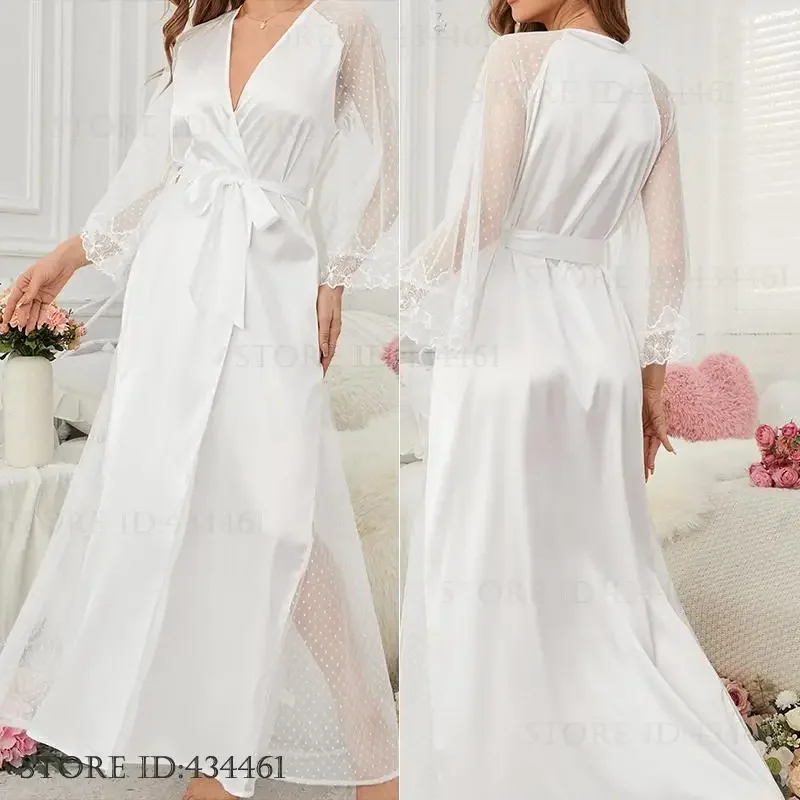 

White Lace Sleeve Wedding Robe Dress Female Silk Satin Kimono Bathrobe Gown Loungewear Spring Summer Sleepwear Home Clothing