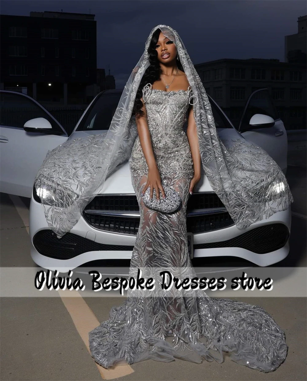 Sparkle Silver Beads Strapless Evening Dress With Headscarf Mermaid Aso Ebi Formal Party Dress African Wedding Guest Customized