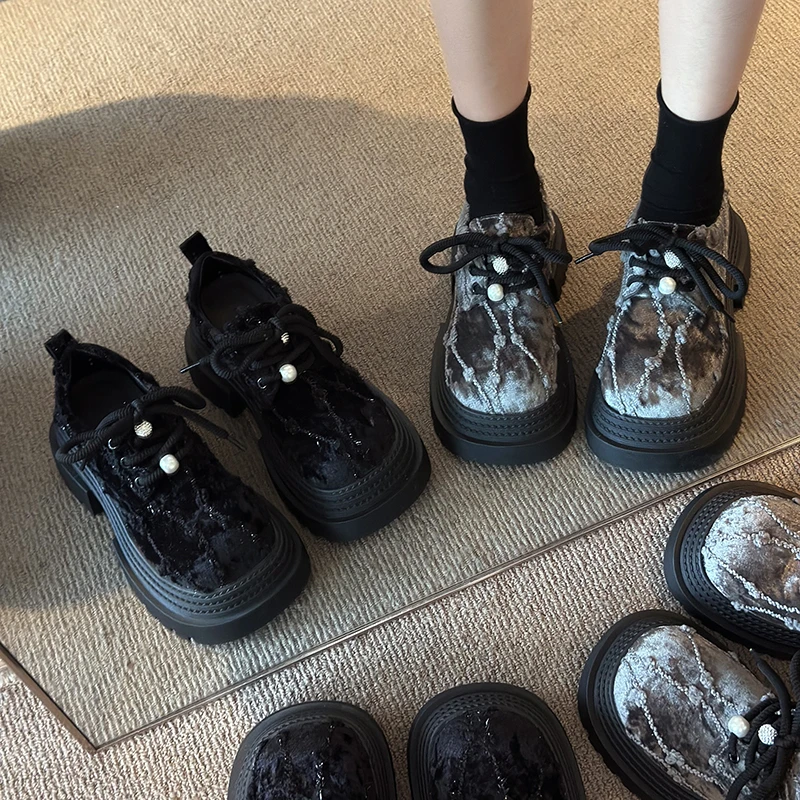 

Thick Bottom Women Mary Jane Shoes Fashion Lace Up Shoes Spring Autumn Casual College Style Loafer Shoes