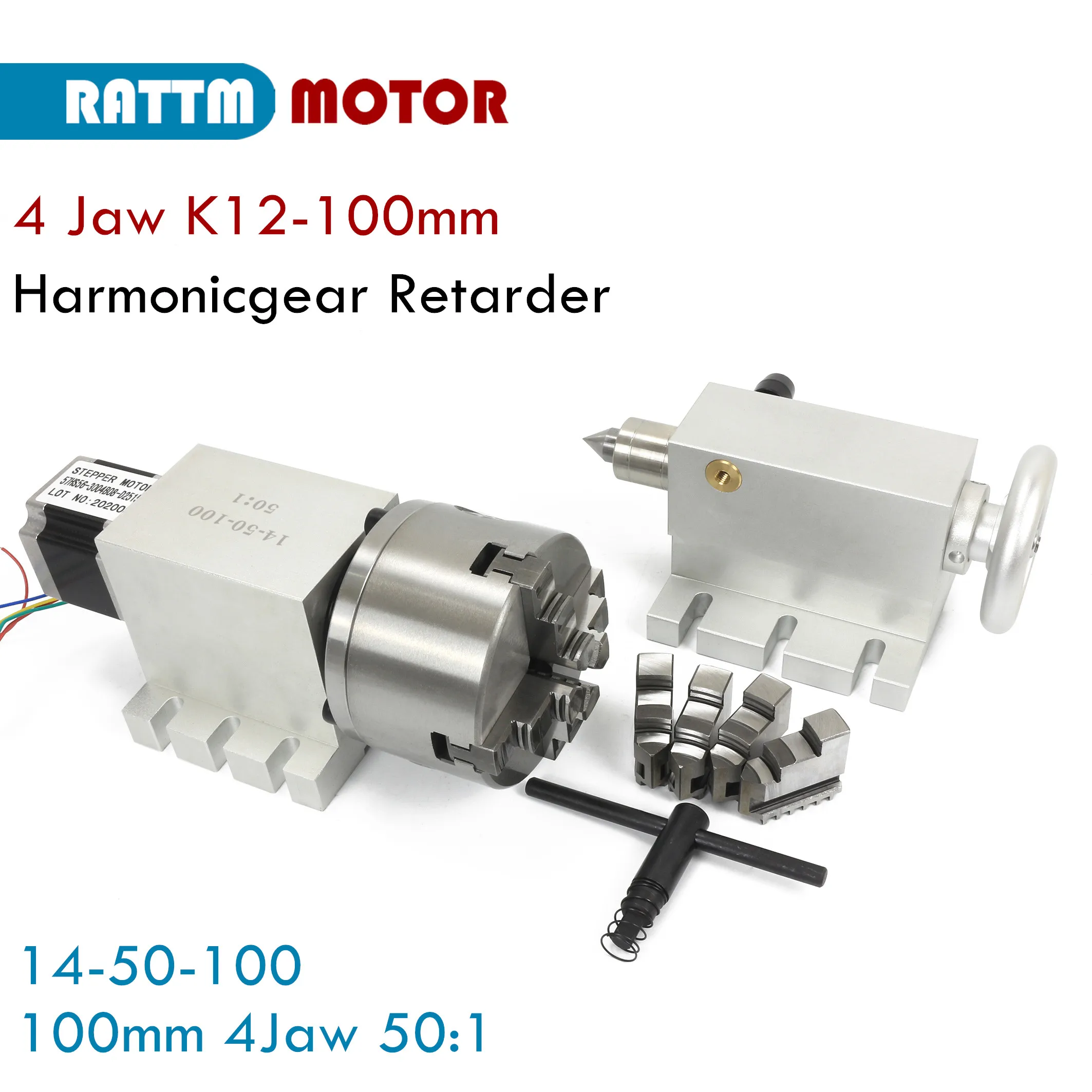 Harmonicgear Retarder 4 Jaw 100mm 4th Fourth Rotary Axis Gapless Harmonic Reducer Gearbox Dividing Head 50:1 100:1 MT2 Tailstock