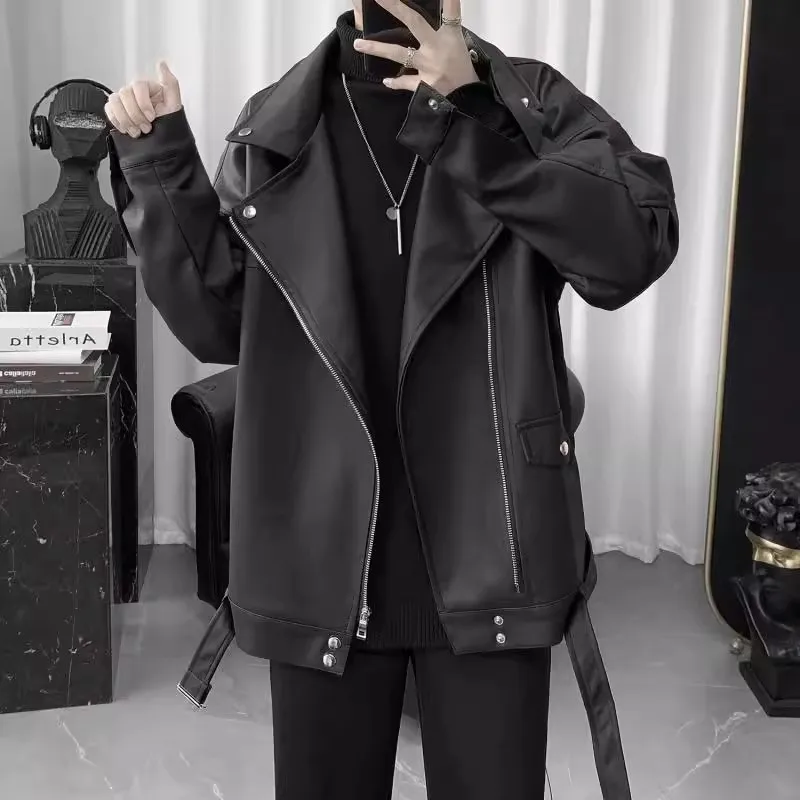 

Men's Casual Faionable Loose PU Leather Jaet Autumn Winter Large Size 300 Pou Motorbike Top 2 Pieces Youth Daily Wear