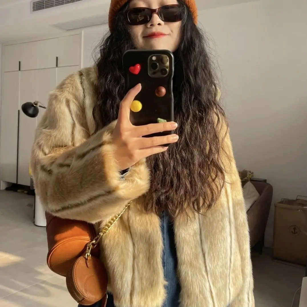 New American Retro Vertical Striped Fur Coat Imitating Mink Environmentally Friendly Fur Coat with Thickened Stand Up Collar