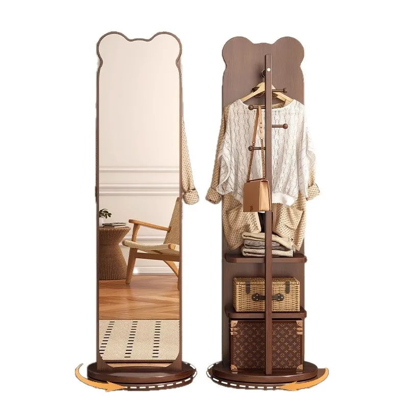 

Rotatable bear whole body bedroom mobile fitting floor mirror hanging clothes hat rack integrated dressing