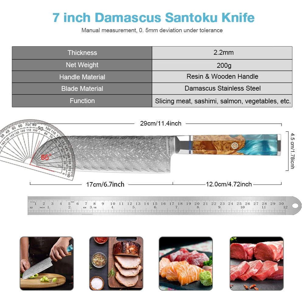 7 Inch Damascus Santoku Knife Sharp Kitchen Chef Knife Japanese Damascus Steel Knife for Cooking Chopping Vegetable&Meat Cutting