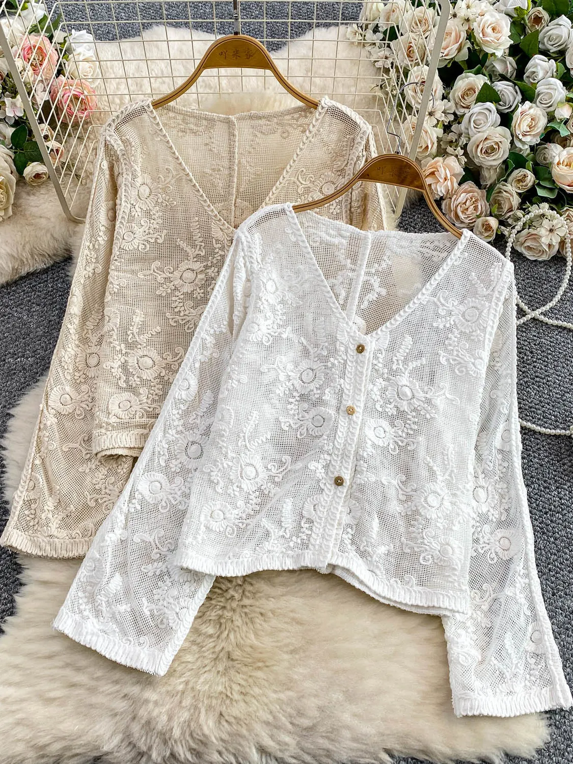 

Korobov Autumn V Neck Long Sleeve Single Breasted Loose All Match Hollow Out Embroidery Women Shirt