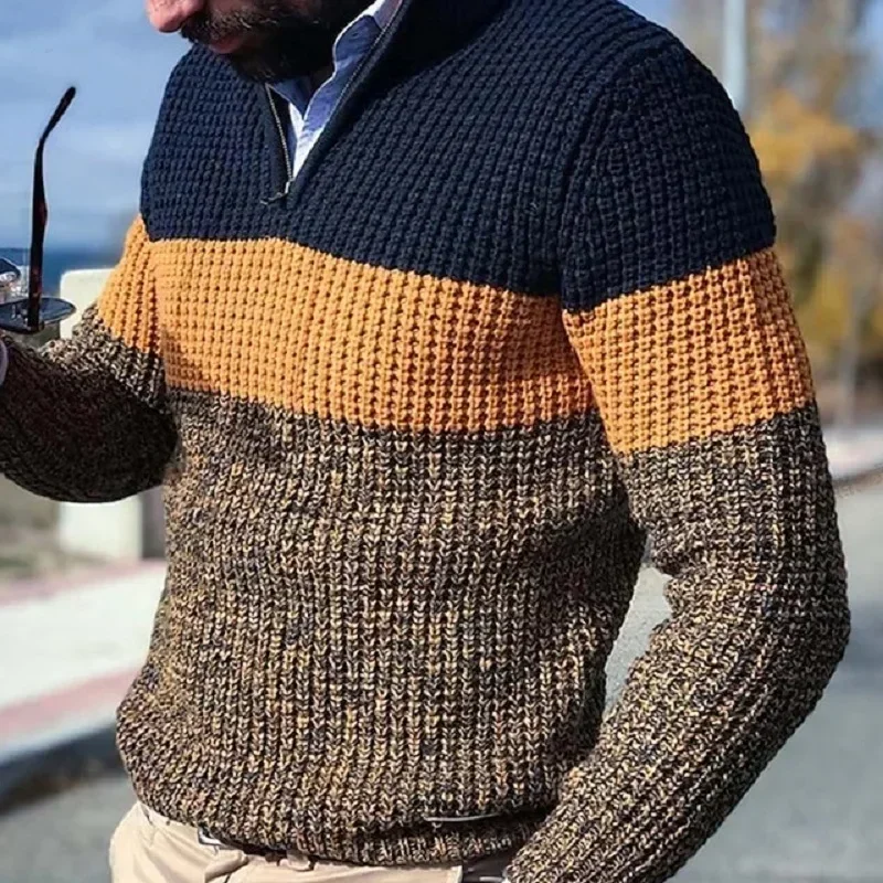 Men's Casual Sweater Autumn Winter Knitted Pullover Long Sleeve Half Zipper Pullover Stand Collar Knitwear Fashion Male Clothing