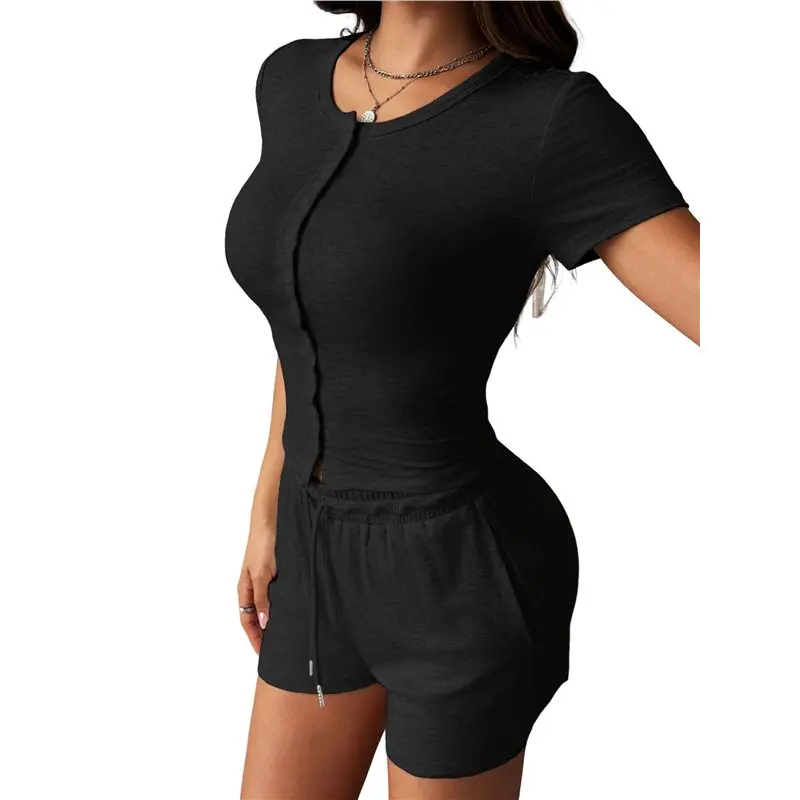 

CYL-Women Crew Neck Two Piece Short Sets Cap Sleeve Drawstring Summer Sweatsuit With Pocket