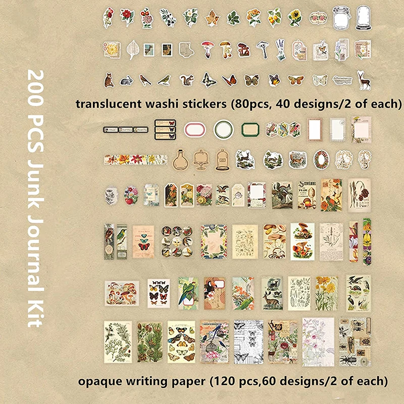 Vintage Stickers for Journaling Aesthetic 200pcs Nature Ephemera Decorative Paper Scrapbooking Stickers Scrapbook Supplies Kit