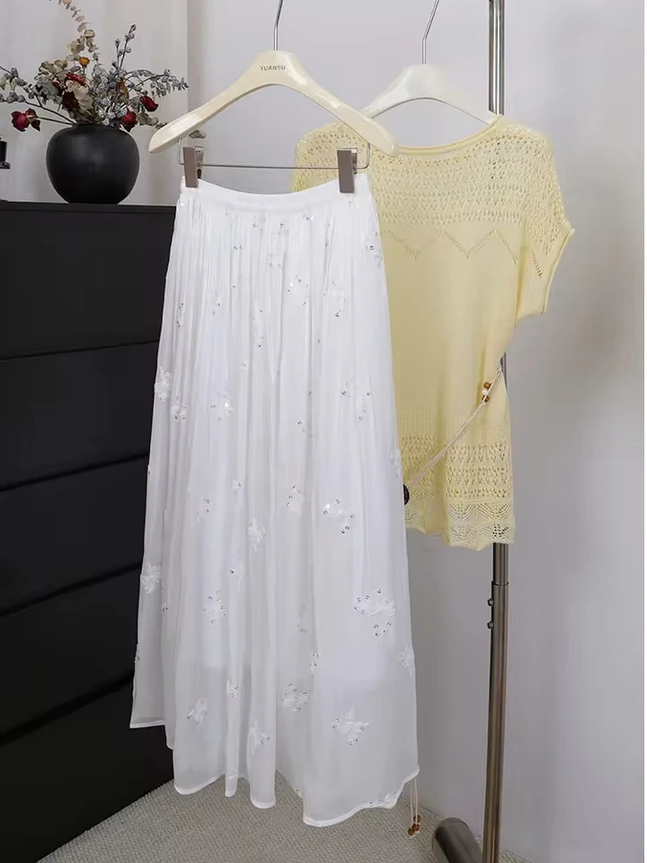 New Sequin Embroidery Skirt For Women 2026 Spring Summer A-line High Waist Fashion Pleated Tulle Skirt