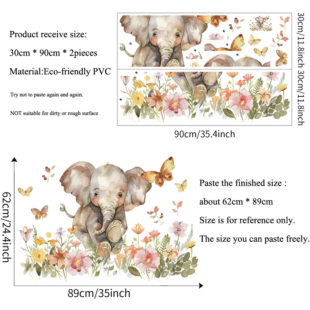 Watercolor Elephant Butterfly Flower Wall Sticker Kids Room Background Decoration Mural Bedroom Home Decor Removable Wallpaper