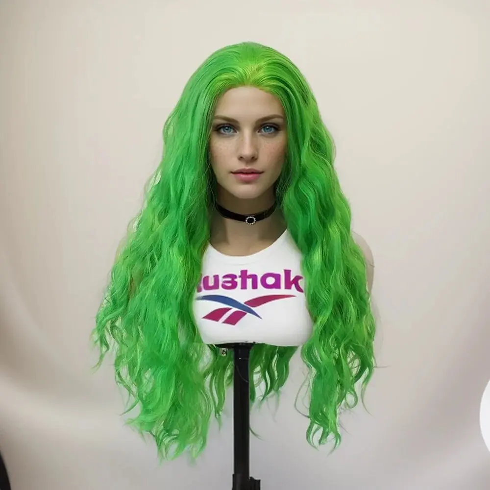 WIF Green Body Wave Synthetic Hair Cosplay Wig Long Wave Heat Resistant Lace Front Wigs Natural Hairline Women Green Hair