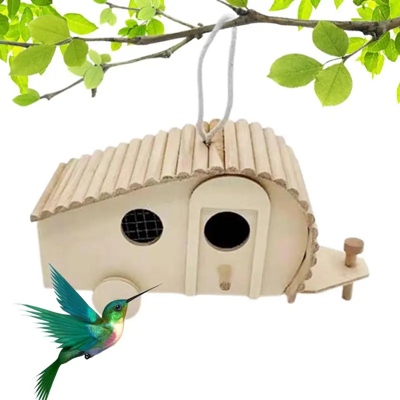 Garden Country Cottages Bird House Unique RV Styling Bird Feeder Bird Nest Windproof Natural Wood For Parakeets Larks Yellow