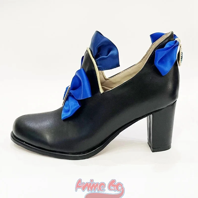 Game Genshin Impact Furina Cosplay Shoes Blue Bow Black Chunky Heels C08546