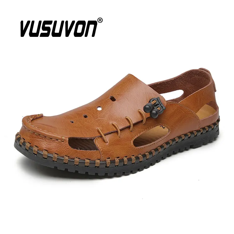 Men's Summer New Casual Sandals Genuine Cow Leather Adult Thick-Soled Beach Shoes Non-slip Keep Toe Black Flats