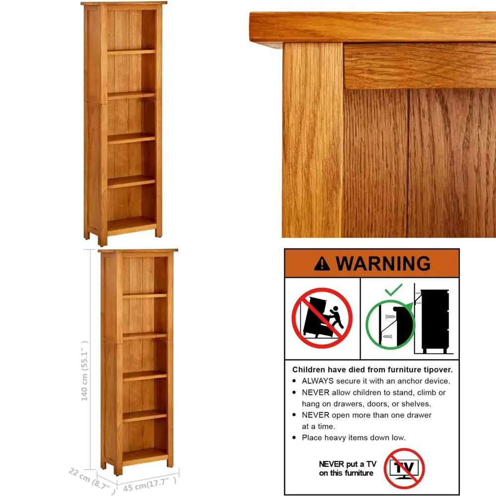 Solid Oak 5-Shelf Bookcase with Timeless Style and Spacious Storage, 17.7x8.7x55.1, Rich Brown Finish
