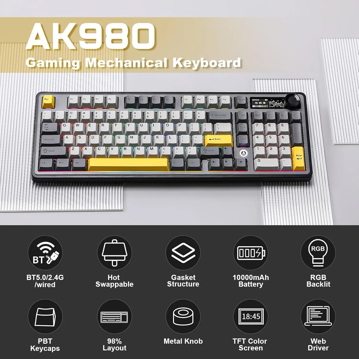 AJAZZ AK980 V2 98% Layout Hot-Swap Mechanische Gaming-Tastatur, Gasket-Mount-Struktur, mit TFT-Farbdisplay, magnetischem Beleuchtungseffekt, dreifach kabelloser Verbindung, PBT-Tastenkappen,
