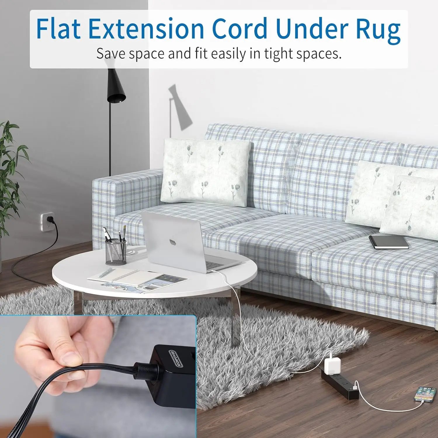 15 Ft Flat Extension Cord, Ultra-Thin Under Carpet Power Strip, 4 Outlets & 2 USB, Overload Protected, Ideal for Home Office