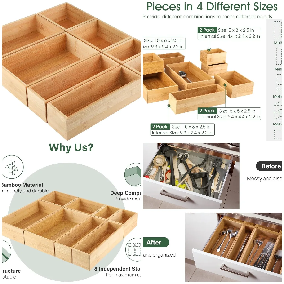 

Бамбуковый органайзер из 8 предметов с разделителями 4 размеров для хранения кухонной утвари и столовых приборов