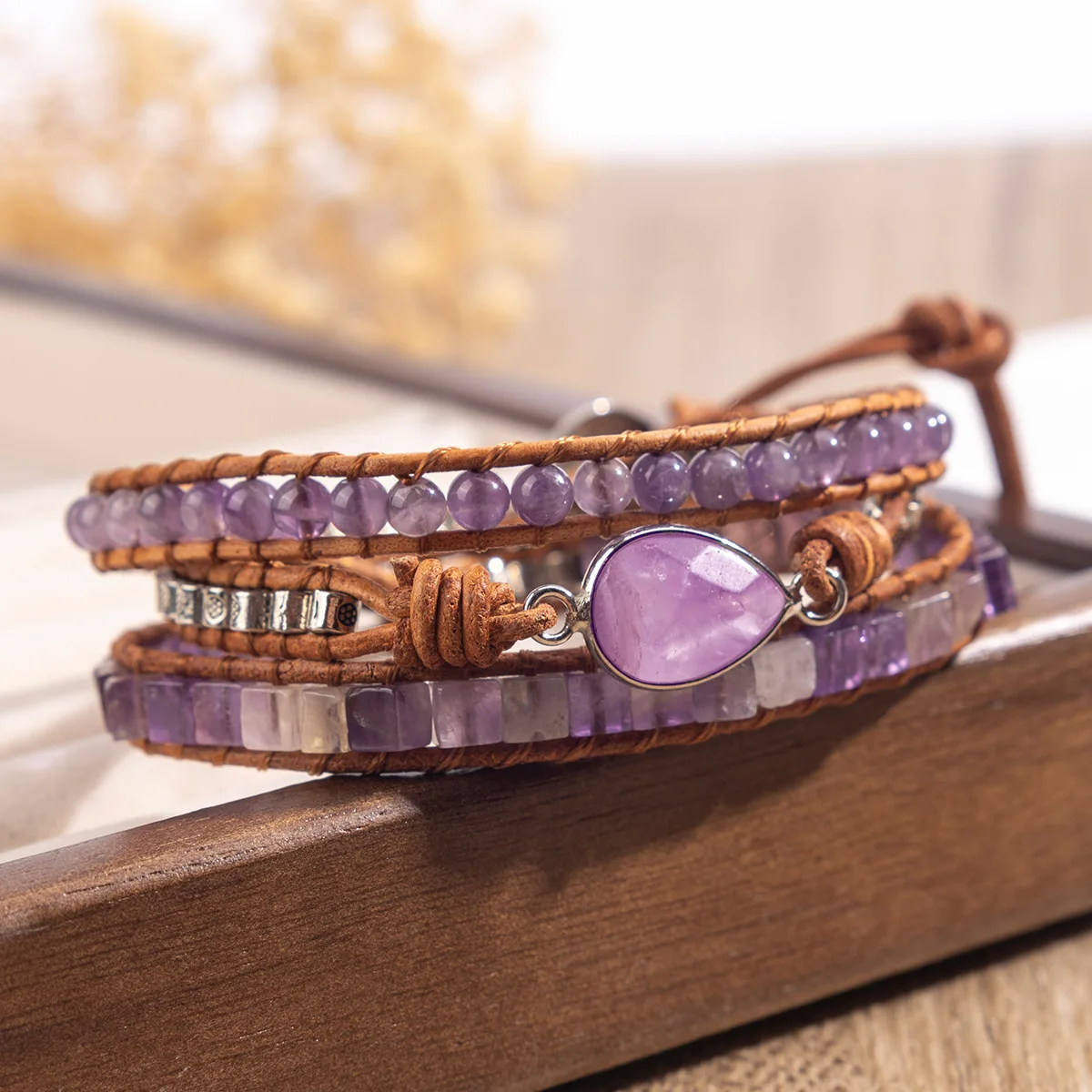 Chinese Style Lucky Natural Amethyst Multilayer Hand Woven Leather Bracelet Bohemian Healing Crystal Jewelry For Women Blessing