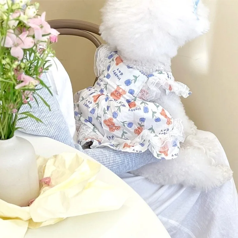 

2025 Pet Skirt Summer Dog Clothes Blue Tulip Teddy Dress Bichon Frise Waist Clothes Maltese Cute Pullover