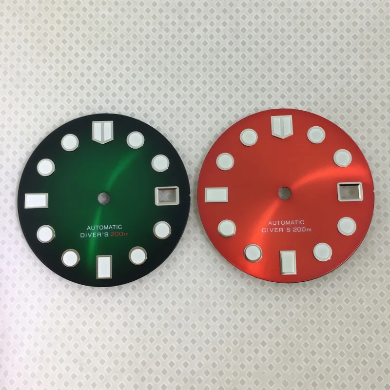 29MM Watch Dial, Red/Black/White/Gradient‑Green/Gradient‑Gray 3‑O’Clock Date Window Compatible with NH35 NH36 Automatic Movement
