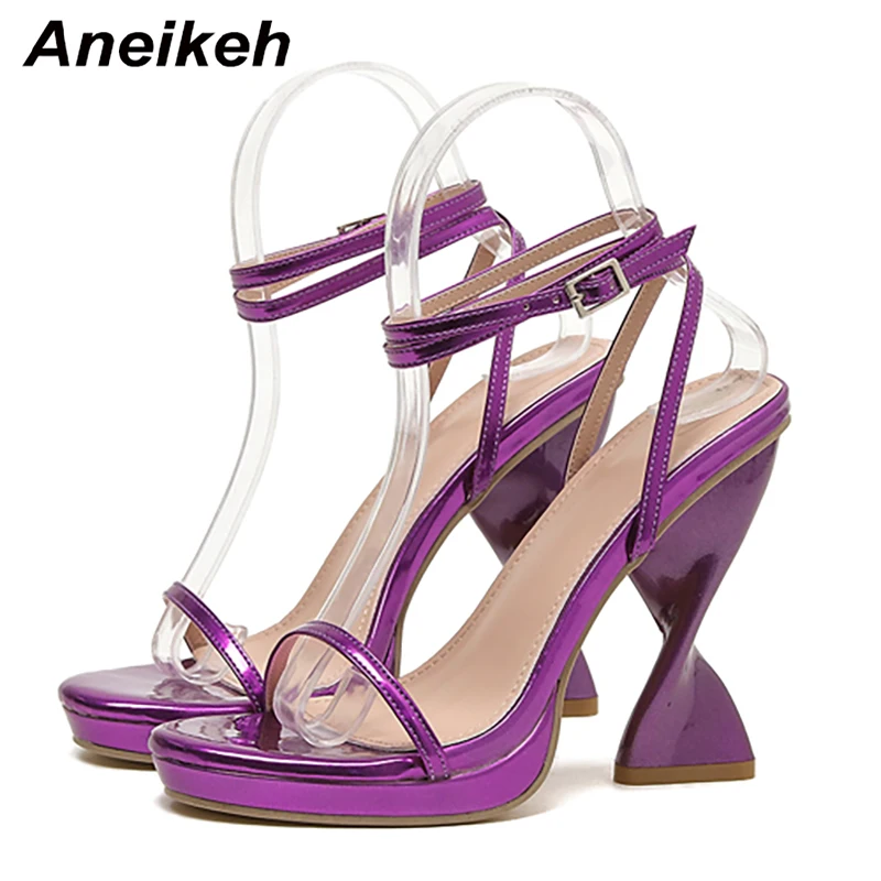 Aneikeh Sexy Ladies Elegant Purple Strange High Heels Waterproof Platform Sandals For Women Design Summer Party Dress Shoes