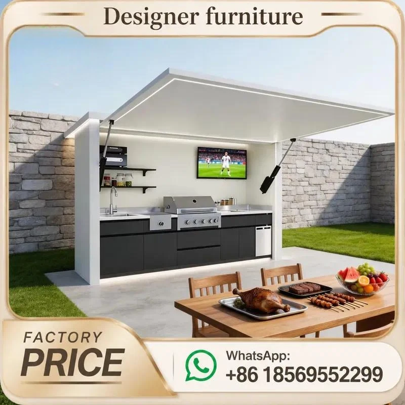 Electric Hydraulic Lift BBQ Sink 304 Stainless Steel Outdoor Kitchen Integrated Fridge For Garden Entertaining Modern Design