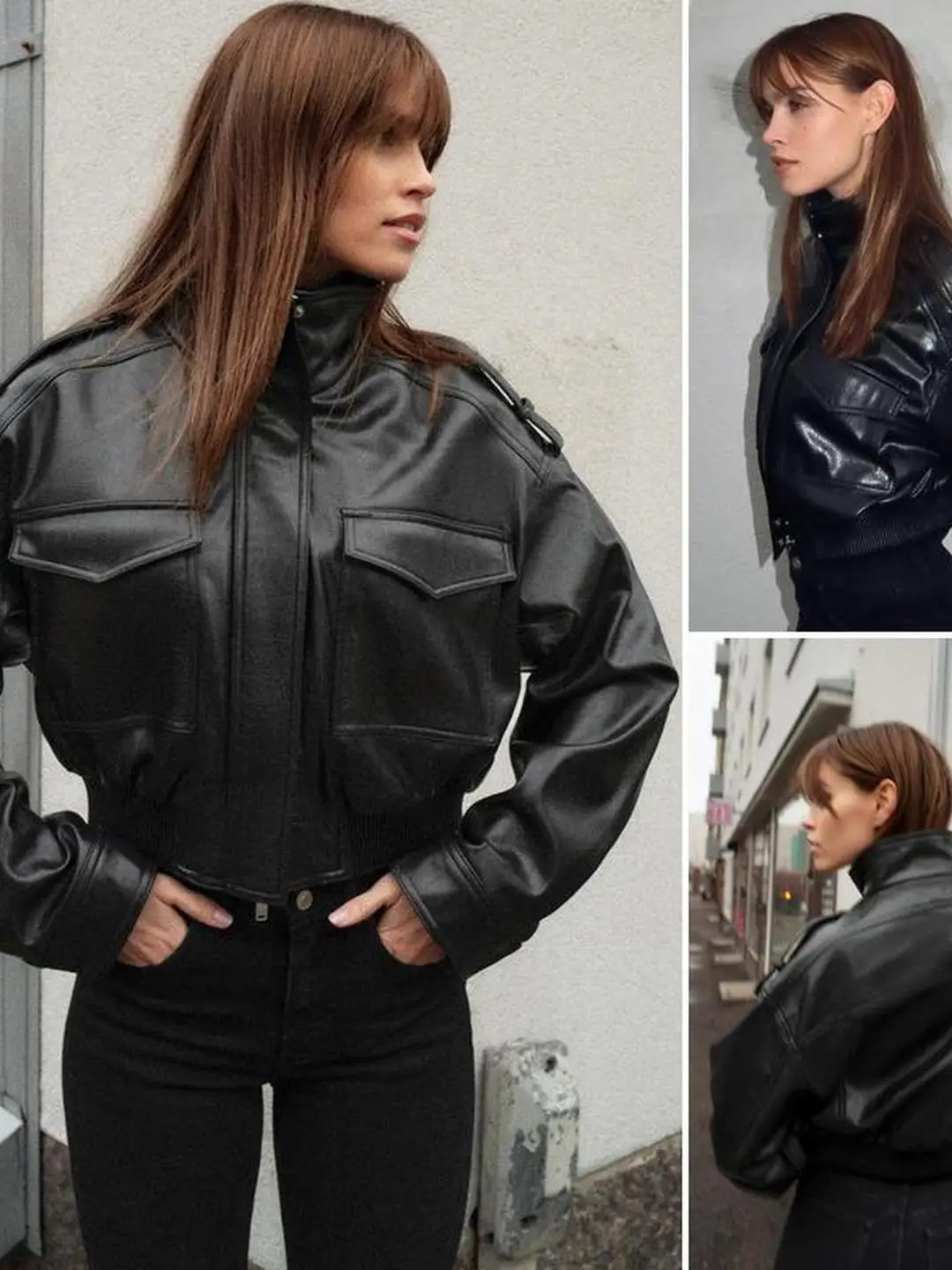 Winter Long Sve Stand Collar Fake Leather Jaet with Cuff Decorative Straps Women's Faion Outerwear ort Length