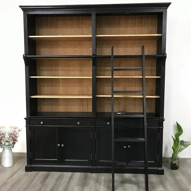 American bookcase with ladder combination European solid wood locker RH Nordic retro bookcase study