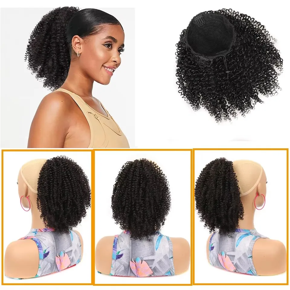 Synthetic Hair Drawstring Ponytail Extension Bohemian Short Afro Kinky Curly Ponytail Hairpiece for Women Protective Style