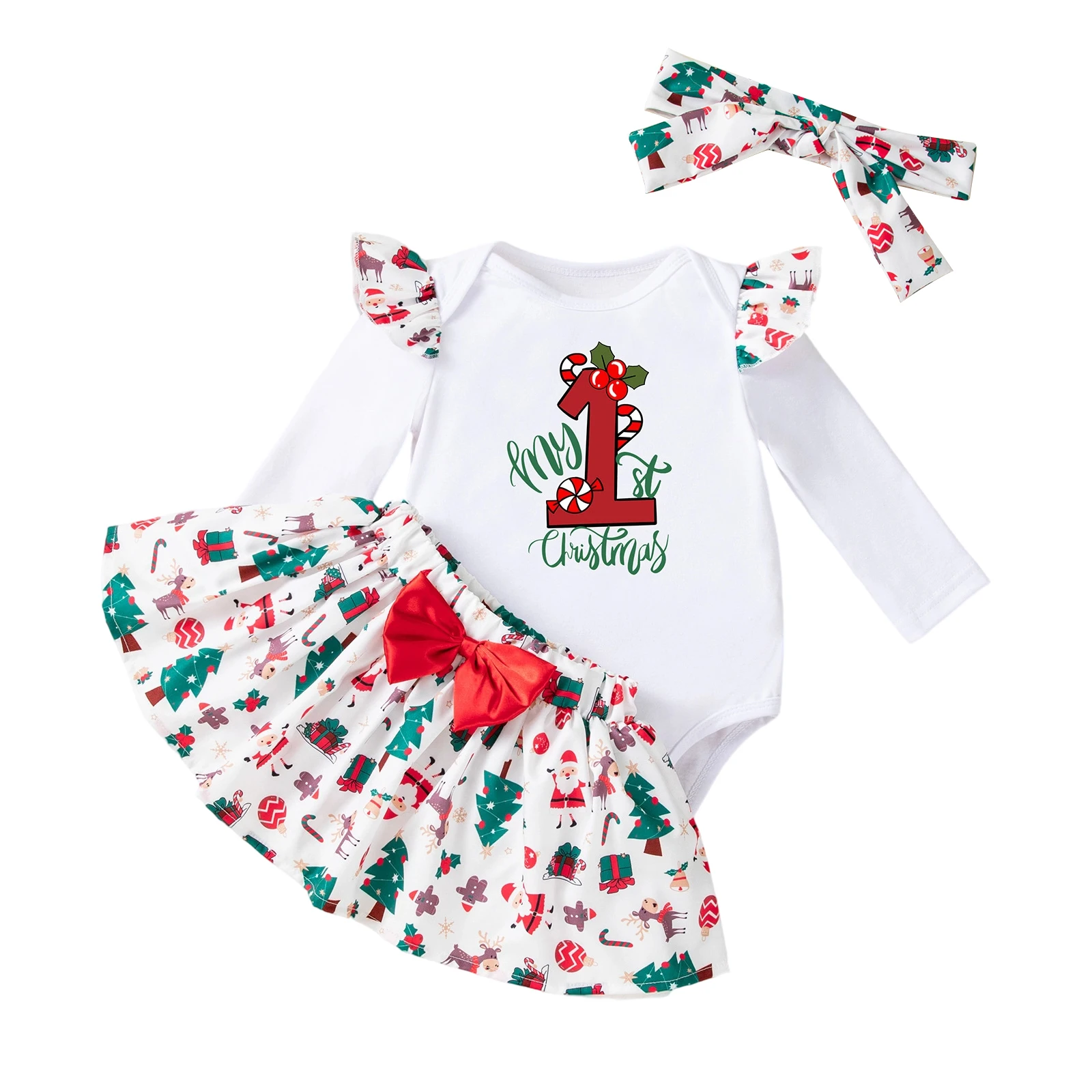 

Baby Girl Christmas Outfit Long Sleeve Romper + Bow Front Mini Skirt + Headband Set Newborn Clothes