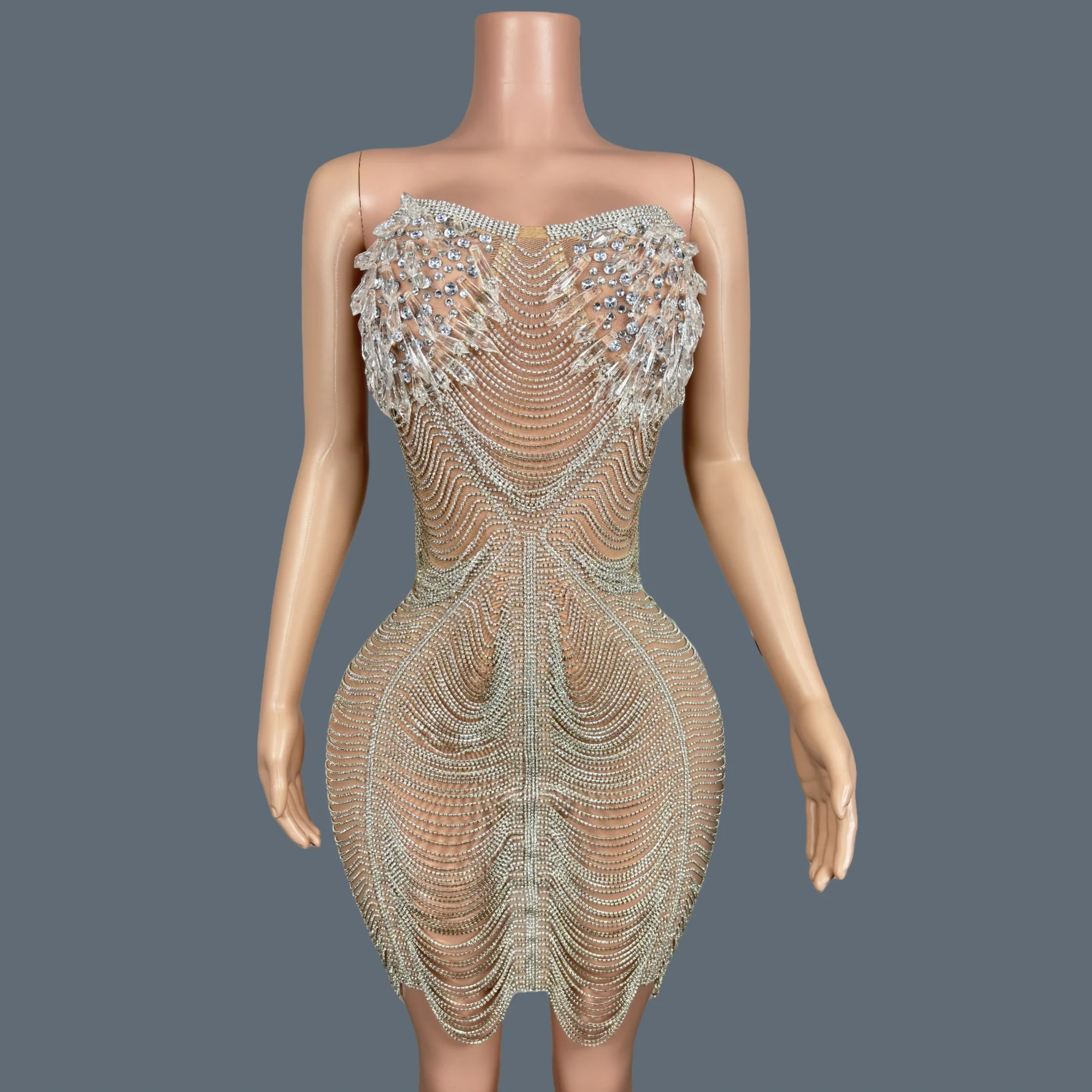 

Luxury Exquisite Backless Sexy Mini Evening Dress Prom Music Dance Event Sheer Mesh Dress Crystal High-end Shining Dress Ailisi