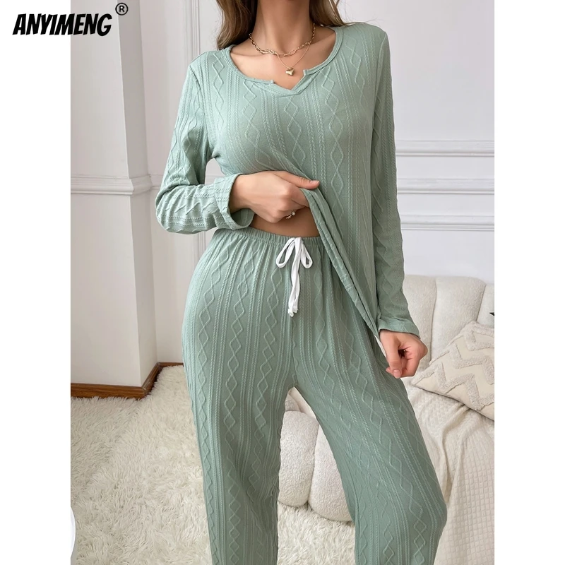 Aututmn Winter Women Solid Pajamas Jacquard Pajama Sets Milk Silk V-neck Sleepwear Elegant Women Pullover Pajama Sets