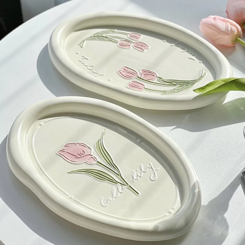 

Calla Lily, тюльпан, французская рельефная керамическая тарелка, столовая посуда, тарелка для десертов, Ретро Девочка Сердце овальный диск