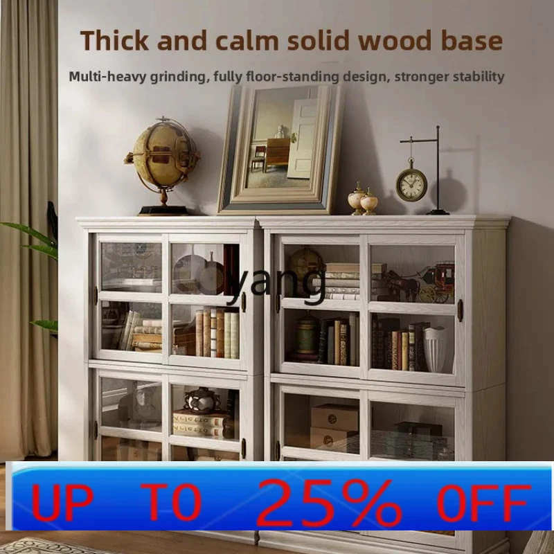 

LMM solid wood bookcase retro floor sliding door home living room locker integrated bookshelf