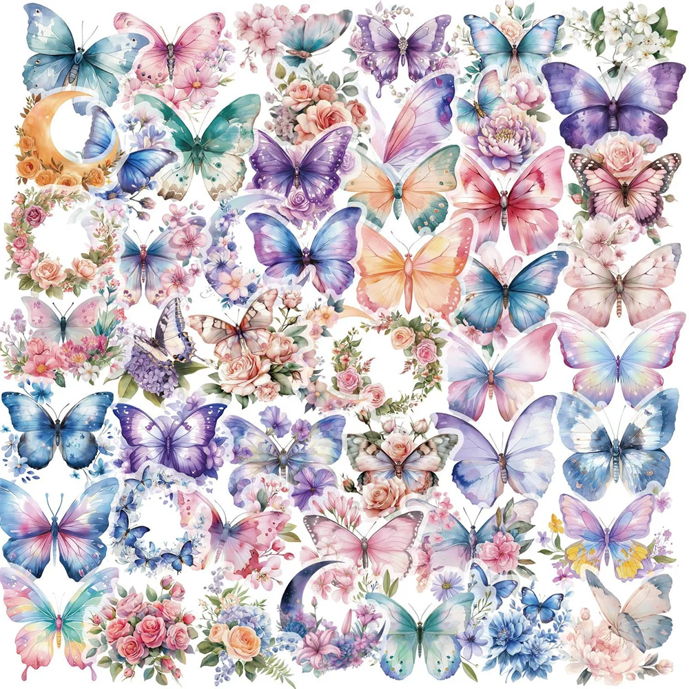 50pcs Colored Transparent Butterfly Stickers For Phone Case Skateboard Guitar Suitcase Aesthetic Sticker DIY Craft Supplies