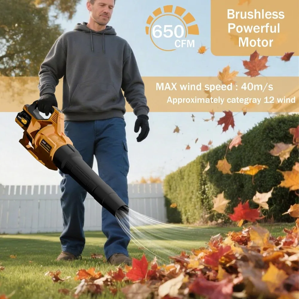 منفاخ أوراق شجر لاسلكي عالي الطاقة يعمل ببطارية توربو مع بطارية 21 فولت 2X3.0Ah وشاحن 650CFM 120MPH Electric Sm