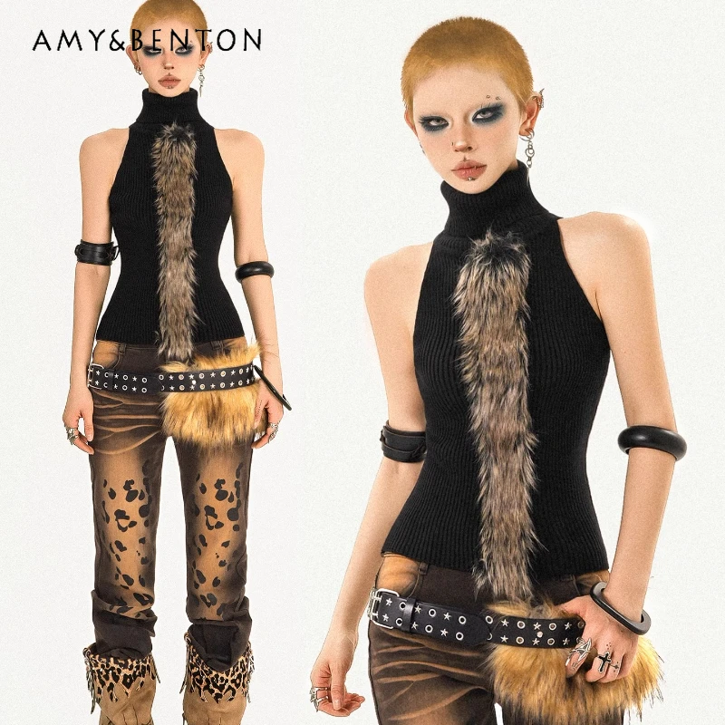 

Original Hot Girl Outfit Splicing High Neck Knitted Women's Vest Retro Design Slimming Sleeveless Bottoming Shirt Top Ladies