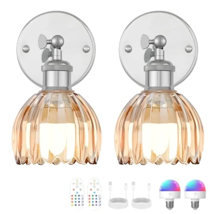 

Vintage Battery Operated Wall Sconce Amber Tulip Glass Lampshade Wireless Rechargeable Battery Powered LED Wall Light with Remo