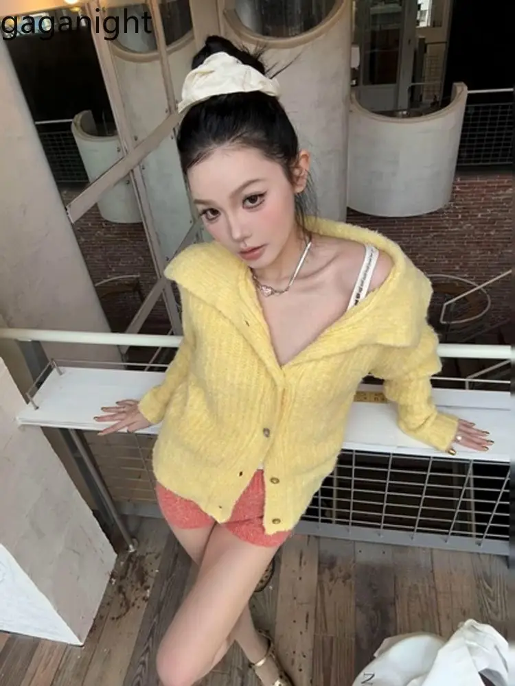 Gaganight Women Bright Yellow Acrylic Blend Lapel Knitted Cardigan 2024 Autumn New Lazy Loose Long Sleeved Sweater Jacket Ins